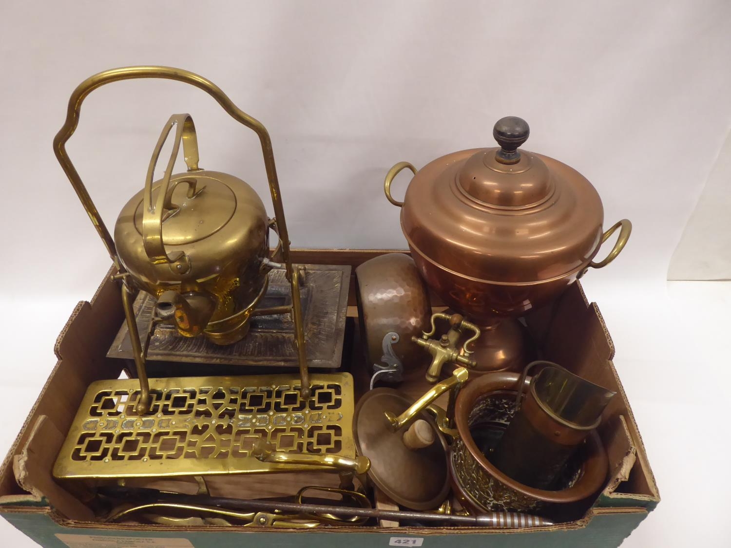 19th/20thC brass and copper - samovar, spirit kettle, trivet, fire