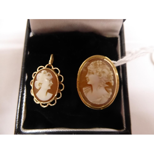 44 - 9ct gold cameo pendant/brooch, brooch and ring (3)