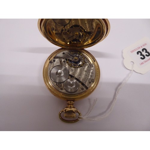 33 - 14k gold plated Waltham hunter pocket watch