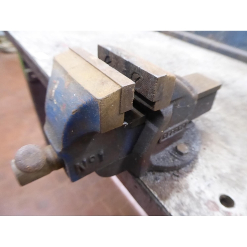 34 - Wooden workbench with Record No.1 vice attached