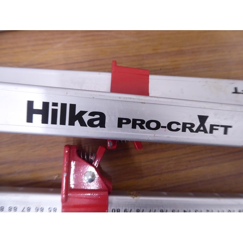 51 - Box of tools - Hilka aluminium sash cramps, bench vice, drill bits, G-clamp etc.