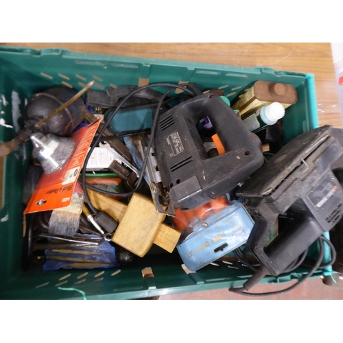 58 - Crate of tools - jigsaw, sander, spanners, wrenches etc.