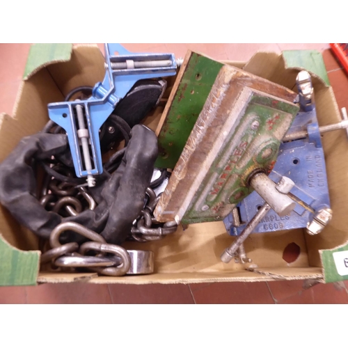 61 - Heavy duty chains, mitre clamps, Marples bench vice etc.