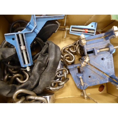 61 - Heavy duty chains, mitre clamps, Marples bench vice etc.