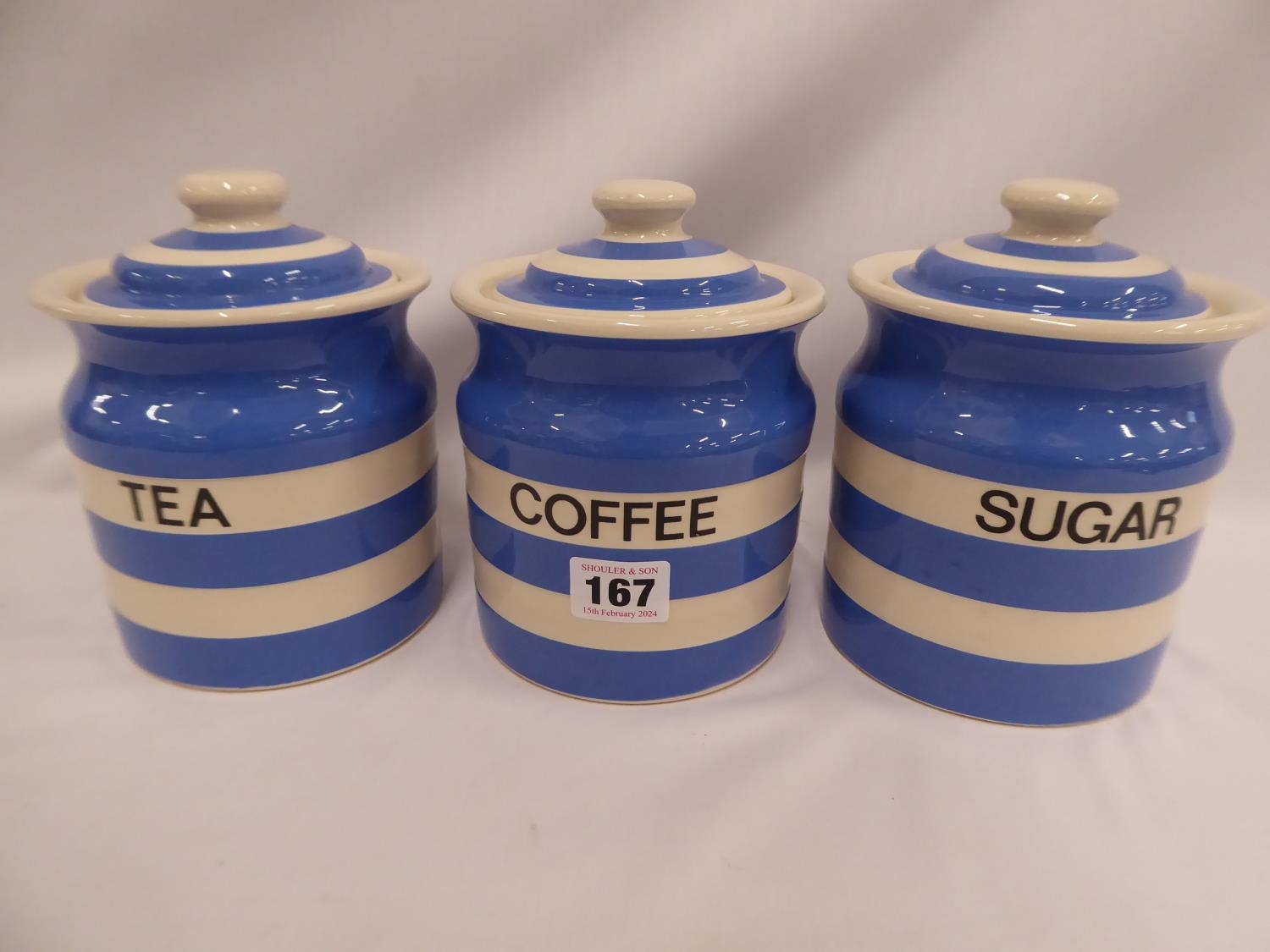 Cornishware tea, coffee and sugar jars (3)