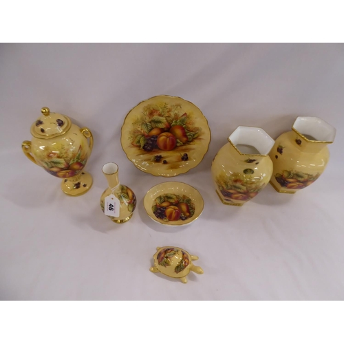 46 - Aynsley Orchard Gold vases, pin dish, tortoise trinket box etc. (7)