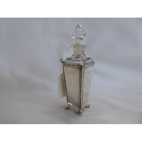 59 - Glass scent bottle in silver stand on lion paw feet - Birmingham 1907