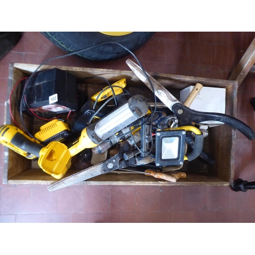 102 - Box of tools - Dewalt drill and torch bodies, chargers, garden shears etc.