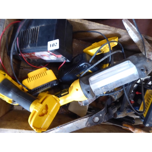 102 - Box of tools - Dewalt drill and torch bodies, chargers, garden shears etc.