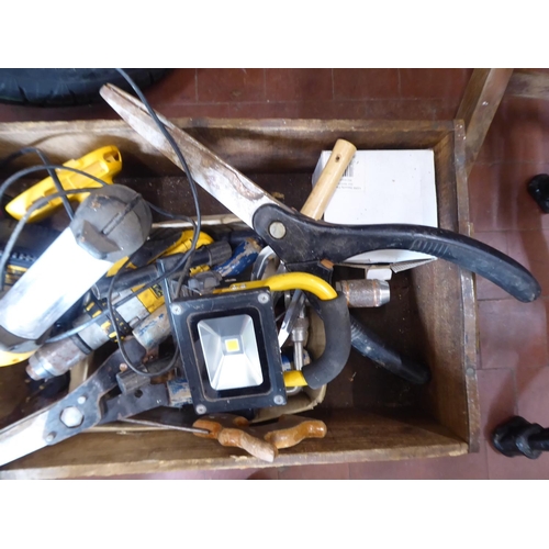 102 - Box of tools - Dewalt drill and torch bodies, chargers, garden shears etc.