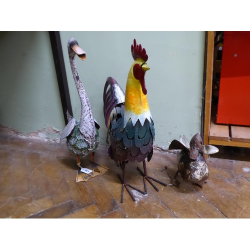 Painted metal duck and cockerel garden ornamental figures (3)