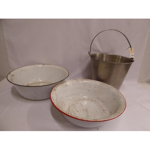 134 - Stainless steel milk bucket, enamelled bowls (3)