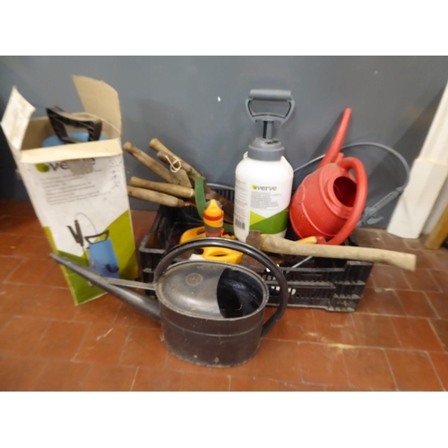 116 - Garden hand tools, shears, weed sprayers, Haws watering can etc.