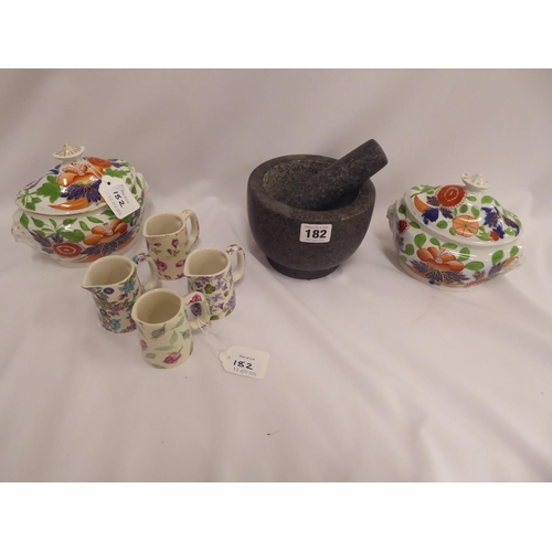 Heron Cross pottery miniature jugs and Gaudy style pots and covers, marble pestle and mortar (7)