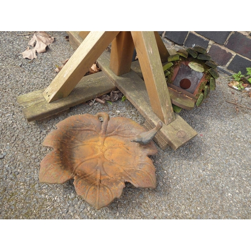 51 - Wooden bird table, cast iron ground level bird bath, squirrel feeder and metal bird feeder hanger (4... 