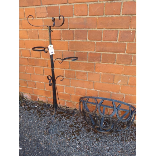 36 - Wrought iron garden plant pot holder and horseshoe wall planter (2)