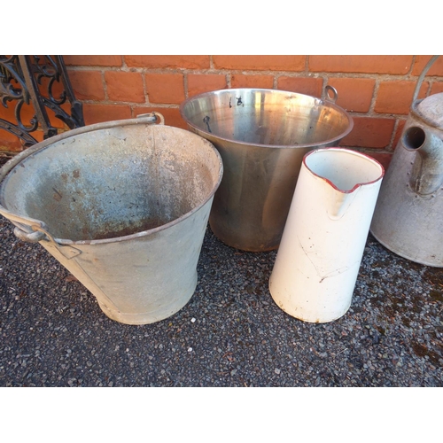 38 - Galvanised watering cans and buckets, stainless steel milk bucket and enamel jug (5)