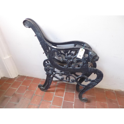 10 - Pair cast iron garden bench ends with lions head handles