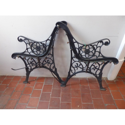 11 - Pair cast iron garden bench ends with lion mask motif