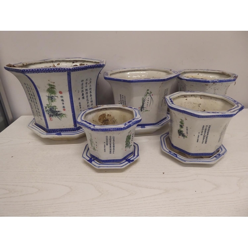 4 sets of 5 graduated octagonal Chinese glazed plant pots with saucers