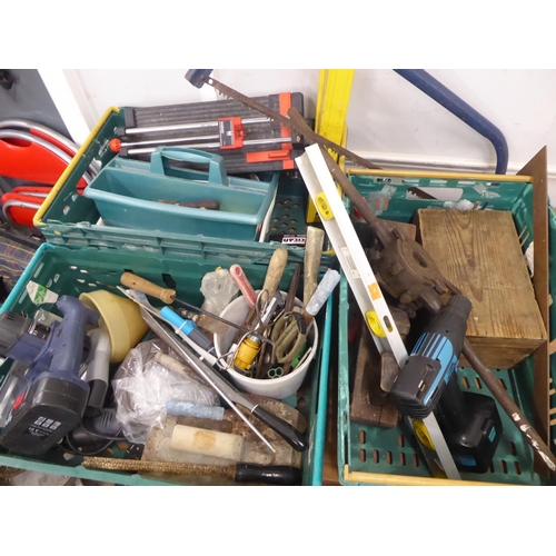 3 crates of tools - spirit levels, tile cutter, bow saw, shears etc.