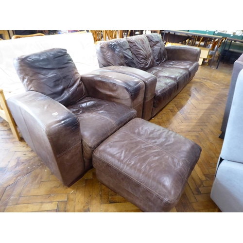 Brown leather 3 seater sofa, armchair and pouffe