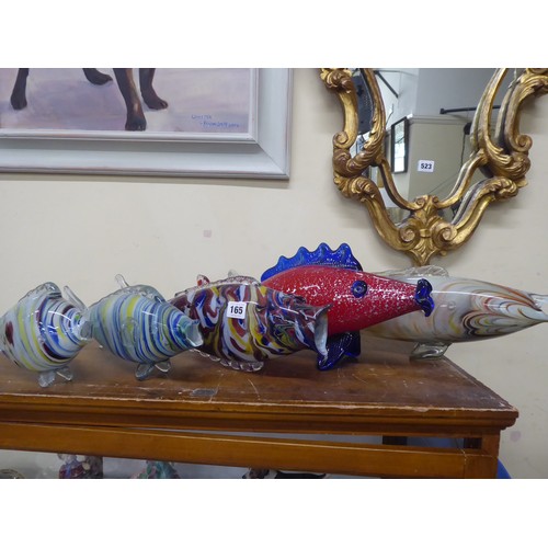 5 Murano style glass fish of various sizes ( largest is approx 24" long, shortest approx 8" long )