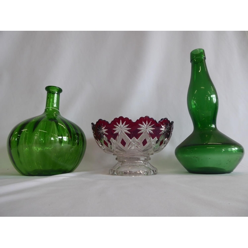 112 - Coloured glass vases, bottles, ruby cut glass bowl etc. (8)