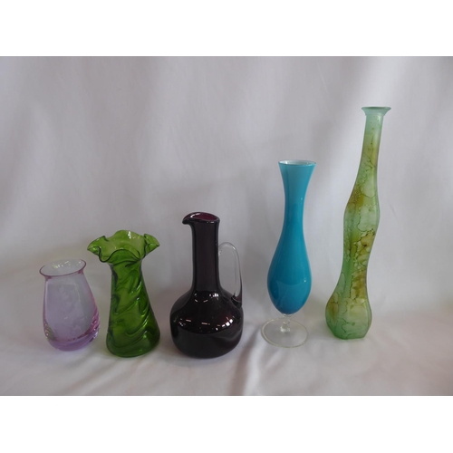 112 - Coloured glass vases, bottles, ruby cut glass bowl etc. (8)