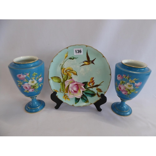 136 - 19thC George Jones hummingbird plate and pair of floral vases