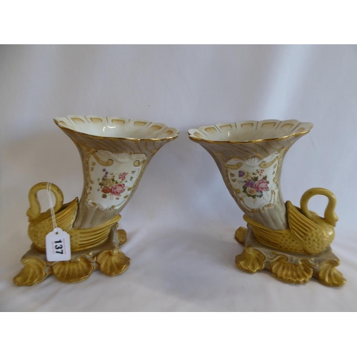 137 - Pair of 19thC swan handled cornucopia vases with floral spray panels (9