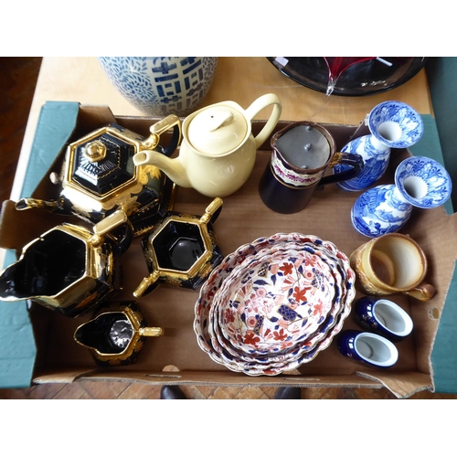 154 - Graduated Imari bowls, Cauldon blue and white vases, black and gold tea set etc.