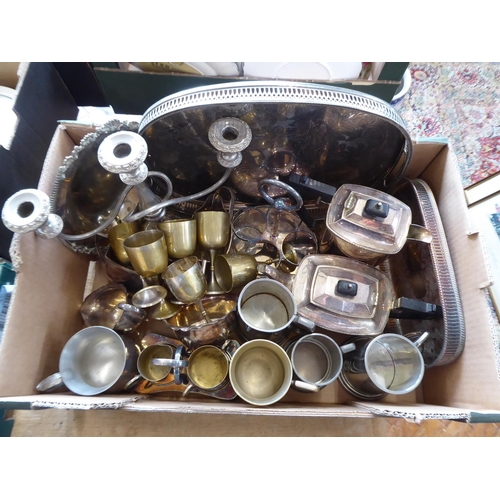 177 - Silver plated tea set, trays, goblets, candelabra etc.