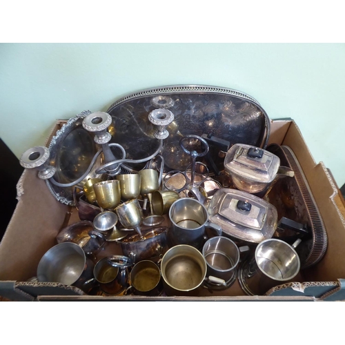 177 - Silver plated tea set, trays, goblets, candelabra etc.