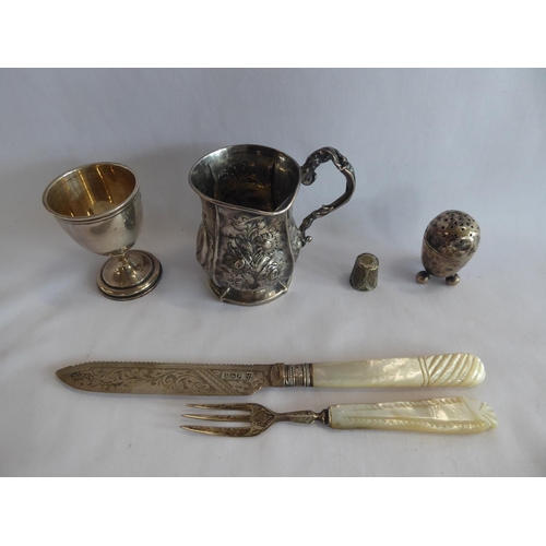 56 - Sundry silver items - egg cup, christening tankard, pepper pot, fruit knife, Hackney Horse society m... 