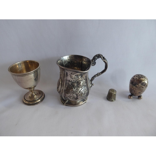 56 - Sundry silver items - egg cup, christening tankard, pepper pot, fruit knife, Hackney Horse society m... 