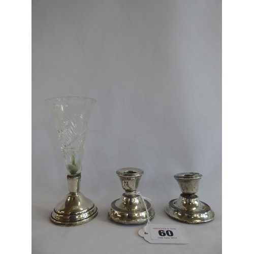 60 - Pair of silver candlesticks A/F and silver based cut glass vase - Birmingham 1964 (3)