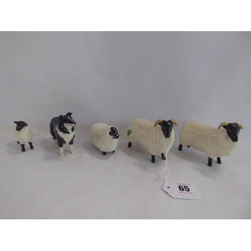 65 - Beswick Border Collie sheepdog, Beswick and Shebeg sheep figures (5)