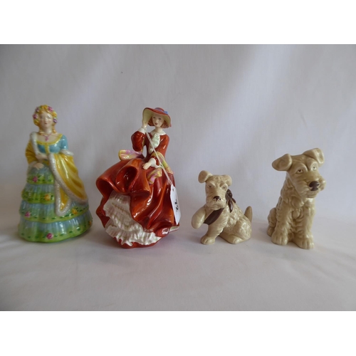 72 - Royal Doulton 'Top o'the Hill' and Goss Lady Betty figures, Sylvac terriers (4)