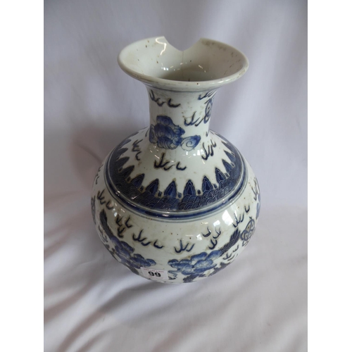 99 - 19thC Chinese blue and white dragon design vase A/F (12