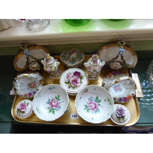 145 - Continental porcelain floral relief bowls, vases, pot pourri, baskets etc.
