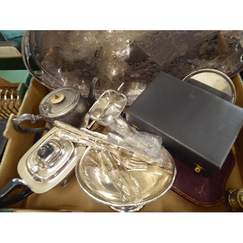 178 - Silver plated comport, teapot, tray, cutlery etc.