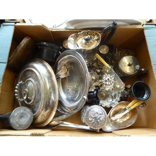 180 - Silver plated teapots, trophies, tureens, cutlery etc. (2 boxes)