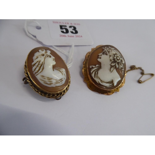 53 - 9ct gold cameo brooches and ring (3)