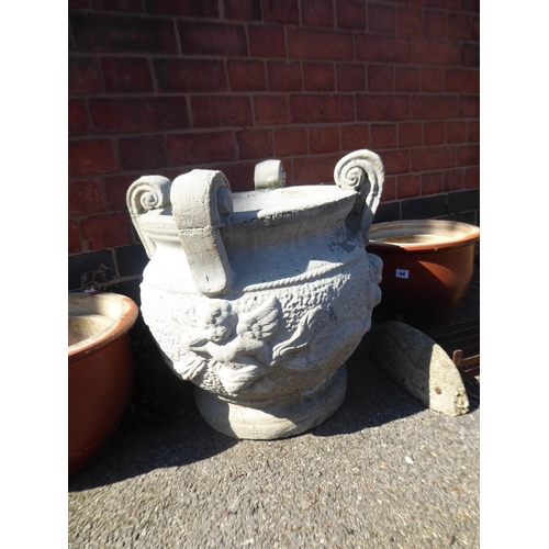 44 - Concrete cherub planter, glazed plant pots and boot scraper (6)