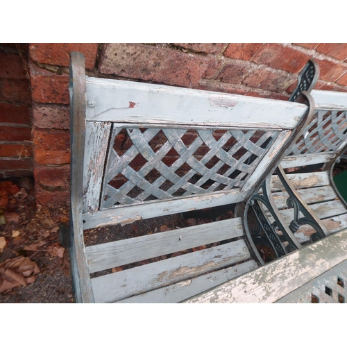 36 - Cast iron and wooden slatted garden table, bench and 2 chairs (in need of new wood)