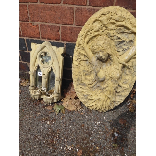 34 - Reconstituted stone gothic style mirror and mermaid plaque (2)