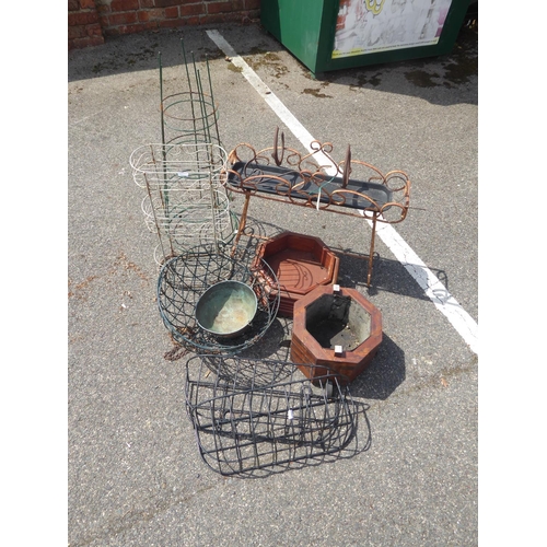 44 - Wrought iron plant stand, wire hanging baskets, wooden octagonal plant holders etc.