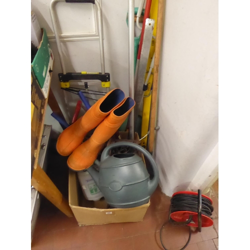 62 - Garden tools, folding sack barrow, weed sprayer, Dunlop wellies etc.