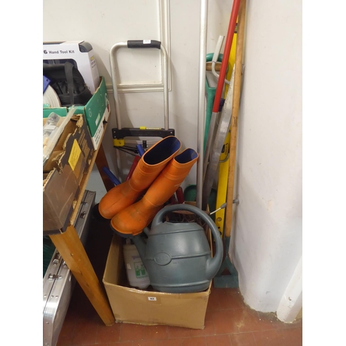 62 - Garden tools, folding sack barrow, weed sprayer, Dunlop wellies etc.